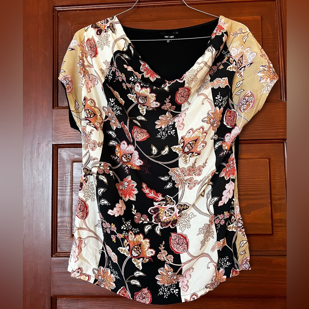 Saint & Sofia size L black, pink & cream cowl neck blouse